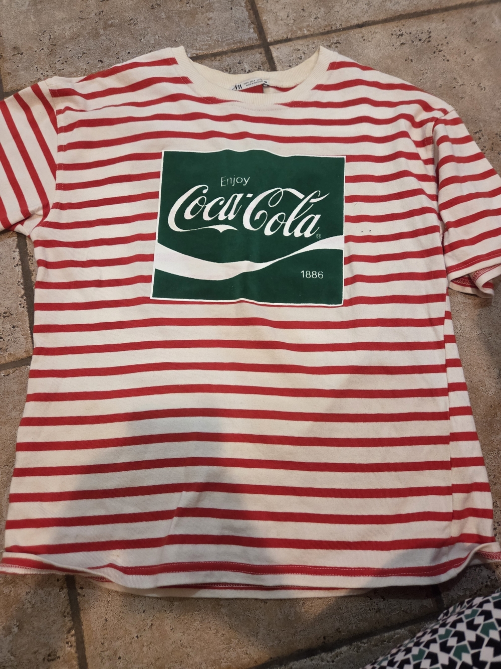 Zara Red & White Striped Sweatshirt with Green Logo Patch